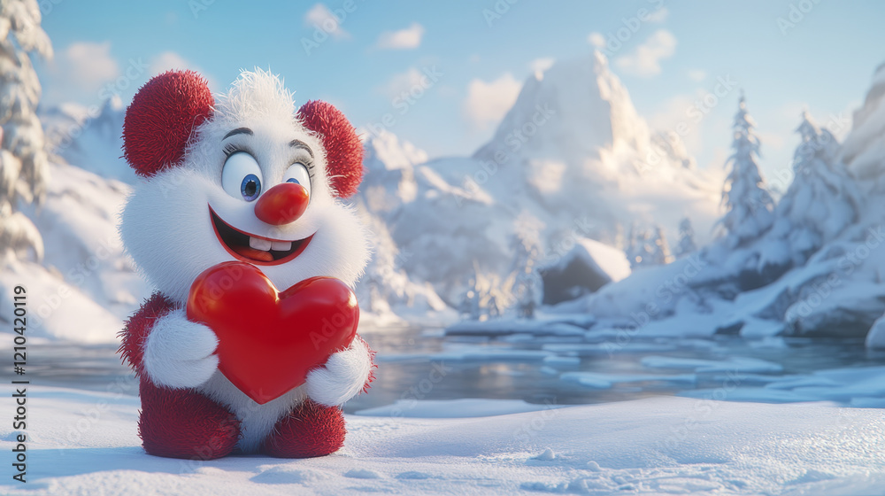 Obraz premium Happy winter bear with a heart, snowy mountain backdrop.