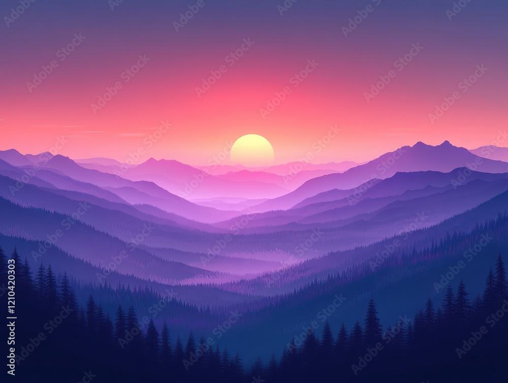 Obraz premium A serene sunset over layered mountains, creating a tranquil atmosphere.