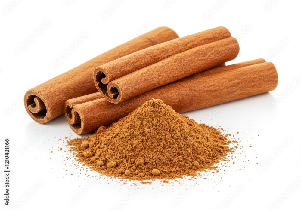 Brown cinnamon sticks with a pile of fine cinnamon powder in front isolated on a white background Brown cinnamon sticks with a pile of fine cinnamon powder in front isolated on a white background