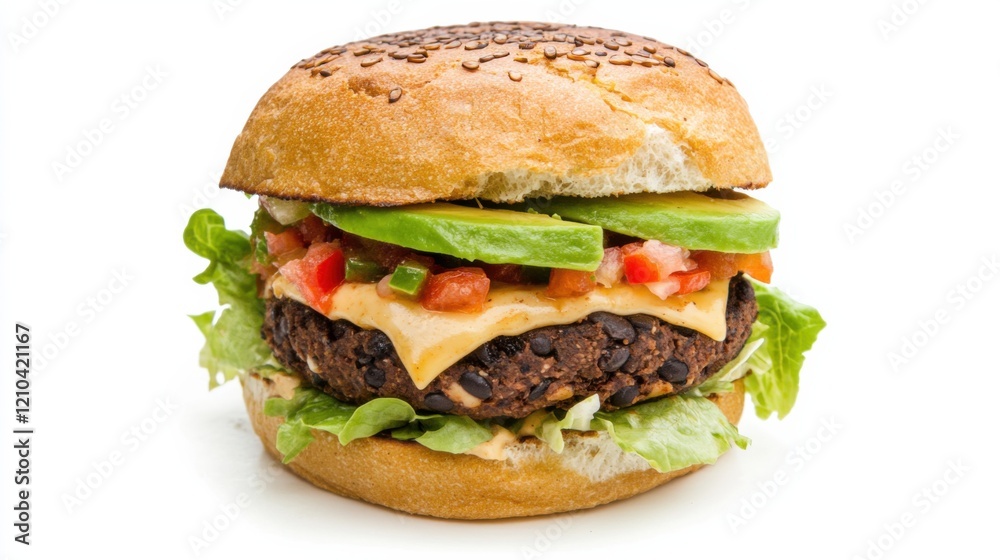 A gourmet black bean burger topped with melted pepper jack cheese, avocado slices, pico de gallo A gourmet black bean burger topped with melted pepper jack cheese, avocado slices, pico de gallo