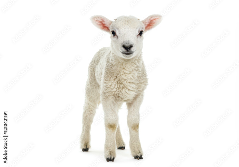 A fluffy white lamb standing with a slight tilt to its head isolated on a white background A fluffy white lamb standing with a slight tilt to its head isolated on a white background