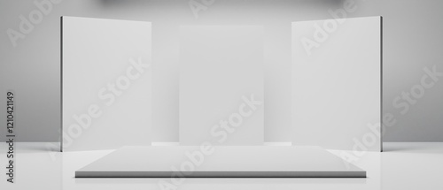 Fototapeta Naklejka Na Ścianę i Meble -  3d booth kios illustration rendering, Exhibition podium pedestal stand event stage for mockup a Display design, trade show for retail product on white background