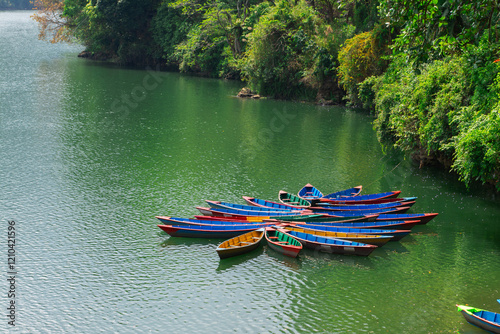 Multicolored row boats on Phewa Lake in Pokhara, Nepal. Beautiful green lake. photo