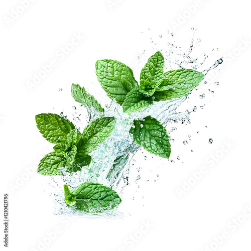 Fresh green mint leaves splashing with water on transparent background. PNG