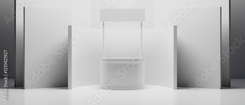 3d booth kios illustration rendering, Exhibition podium pedestal stand event stage for mockup a Display design, trade show for retail product on white background photo