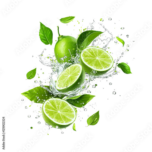 Fresh delicious limes splashing with leaves on transparent background, cut out, PNG © Atick Tajwar Khan