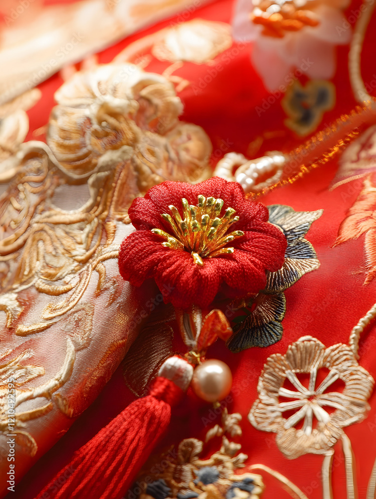 Fototapeta premium Exquisite Red and Gold Floral Embroidery on Luxurious Chinese Fabric : Generative AI
