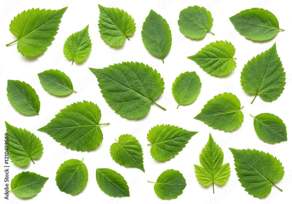 A collection of fresh green leaves scattered artistically, isolated on a white background A collection of fresh green leaves scattered artistically, isolated on a white background