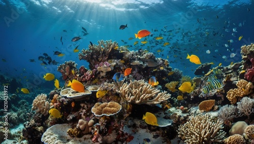 coral reef with swimming fish photo