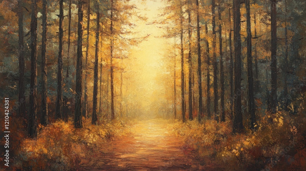 Fototapeta premium Enchanted forest path with golden light filtering through tall trees oil painting