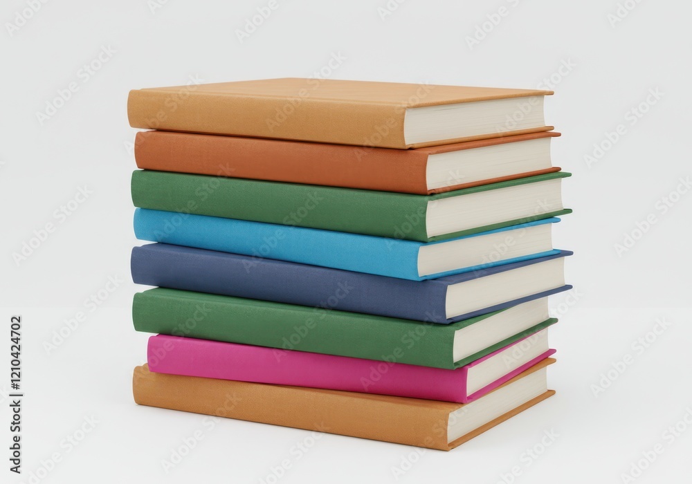 A neat stack of hardcover books in different colors with visible spines and pages, isolated on a white background A neat stack of hardcover books in different colors with visible spines and pages, isolated on a white background