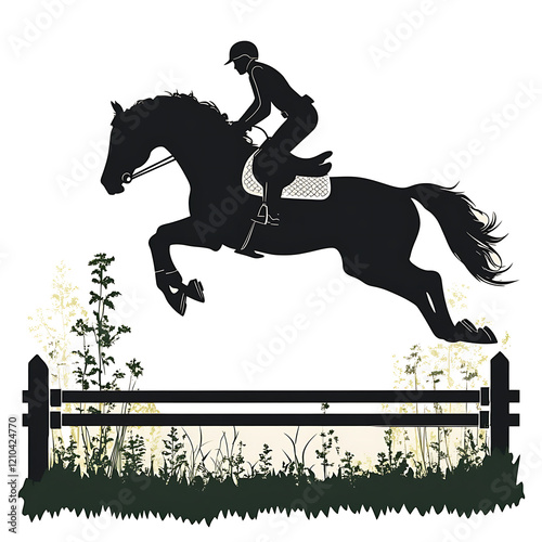 Black silhouette of a jumping horse with a ride  isolated on white background.PNG photo