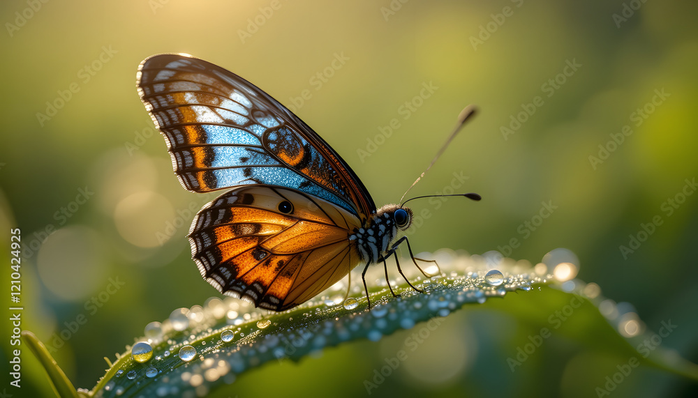 Blue and orange butterfly on dewy leaf at sunrise. Blue and orange butterfly on dewy leaf at sunrise.