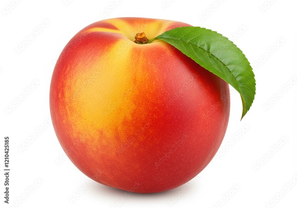 A ripe peach with a red-yellow gradient skin and a green leaf attached to the stem isolated on a white background A ripe peach with a red-yellow gradient skin and a green leaf attached to the stem isolated on a white background