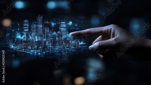 Hand interacts with digital city model, night background