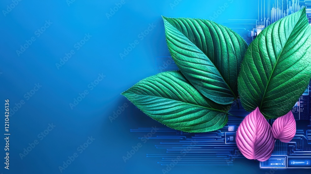 Naklejka premium A vibrant arrangement of green and pink leaves against a blue background, blending nature with a digital aesthetic.