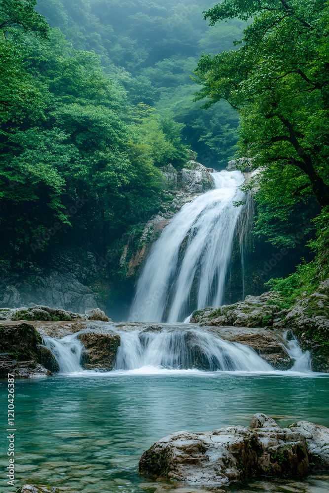 Fototapeta premium Cascading Waterfall in Lush Verdant Forest Creating Serene Natural Escape : Generative AI