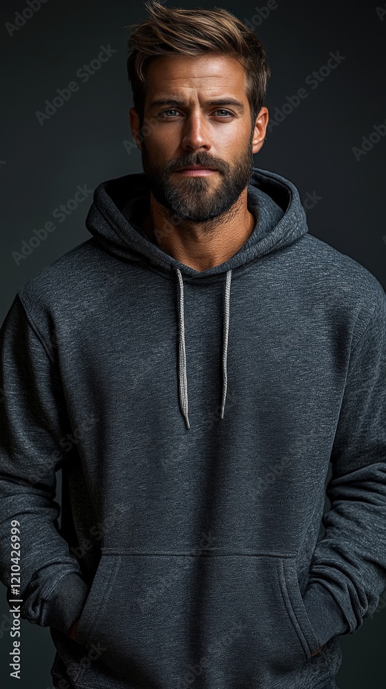 Fototapeta premium Confident Man in Hoodie Against Dark Backdrop