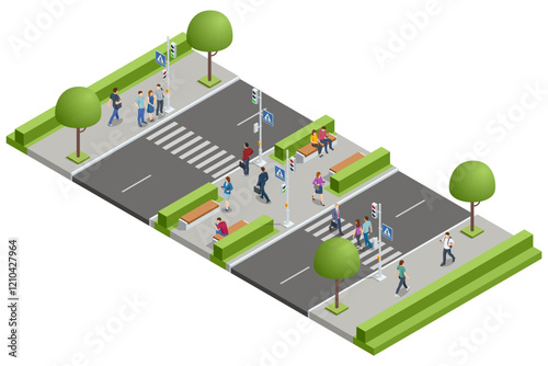 An isometric city design of multiple pedestrian crossings with vehicles stopping at signals. Pedestrians are walking, waiting, or crossing safely.