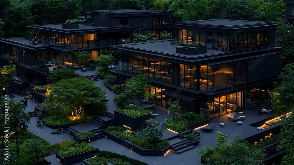 Obraz premium Modern architectural design of luxury villas surrounded by lush greenery at twilight