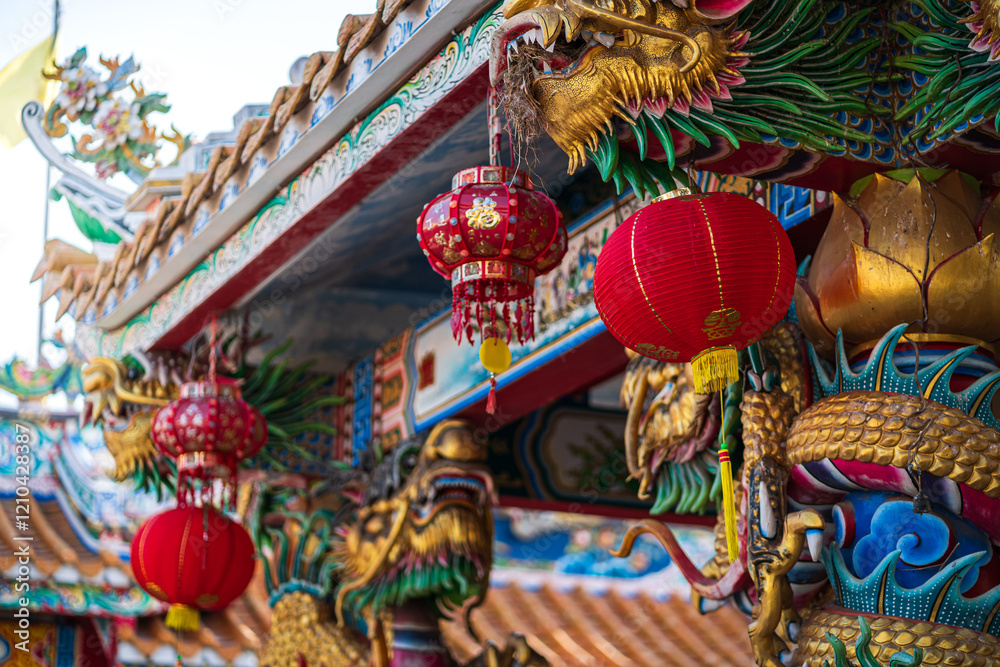 red lantern decoration for Chinese New Year Festival at Chinese shrine Ancient chinese art with the Chinese alphabet Blessings written on it Is a Fortune blessing compliment,Is a public place Thailand
