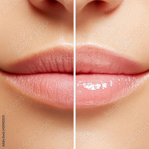 Close-up of female lips showing a before and after comparison of lip care treatment, highlighting hydration and gloss application.  
