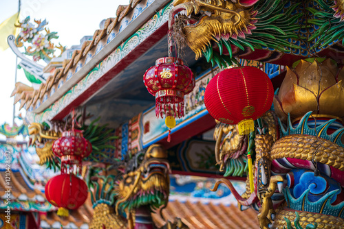 Obraz na płótnie red lantern decoration for Chinese New Year Festival at Chinese shrine Ancient chinese art with the Chinese alphabet Blessings written on it Is a Fortune blessing compliment,Is a public place Thailand w salonie