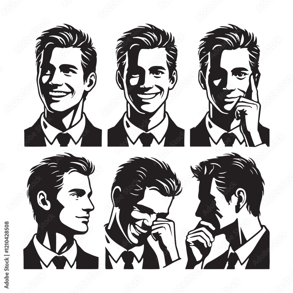 Minimalist set of smiling man silhouette digital art perfect for sleek and clean design needs - man smiling vector set - man smile illustrations set
Minimalist set of smiling man silhouette digital art perfect for sleek and clean design needs - man smiling vector set - man smile illustrations set
