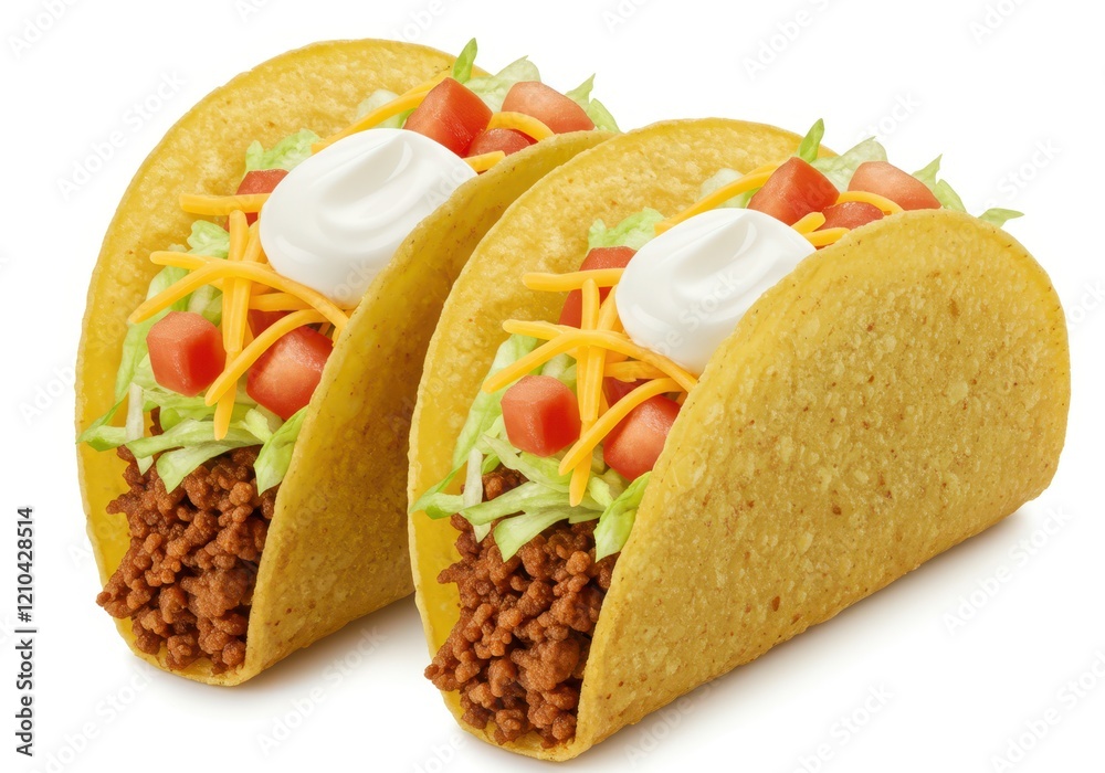 Crispy tacos filled with seasoned ground beef, shredded lettuce, diced tomatoes, cheese and sour cream isolated on white background Crispy tacos filled with seasoned ground beef, shredded lettuce, diced tomatoes, cheese and sour cream isolated on white background