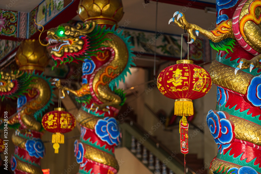 red lantern decoration for Chinese New Year Festival at Chinese shrine Ancient chinese art with the Chinese alphabet Blessings written on it Is a Fortune blessing compliment,Is a public place Thailand
