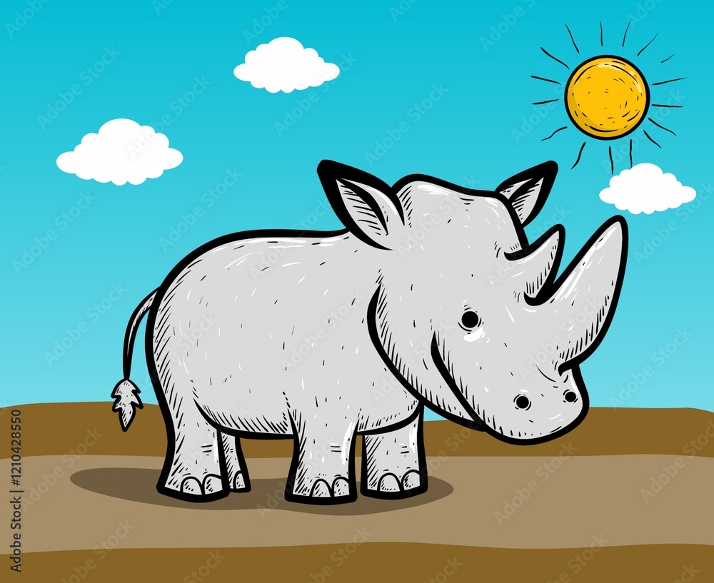 Naklejka premium Cartoon rhino in the sun