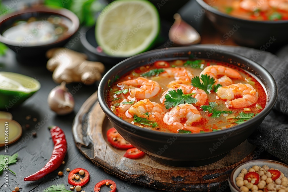 Tom yam with shrimp. Bowl of Asian spicy soup with seafood. Top view