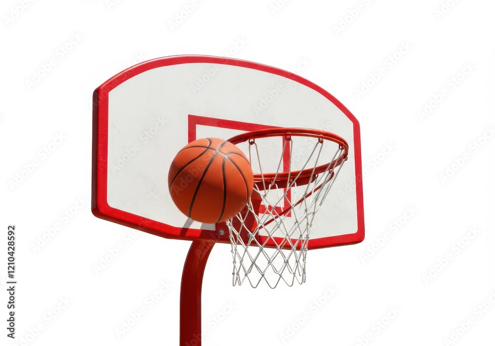 Naklejka premium A bright orange basketball going through a red hoop with a white net isolated on white background