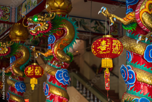 Obraz na płótnie red lantern decoration for Chinese New Year Festival at Chinese shrine Ancient chinese art with the Chinese alphabet Blessings written on it Is a Fortune blessing compliment,Is a public place Thailand w salonie