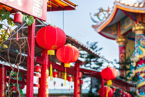 red lantern decoration for Chinese New Year Festival at Chinese shrine Ancient chinese art with the Chinese alphabet Blessings written on it Is a Fortune blessing compliment,Is a public place Thailand
