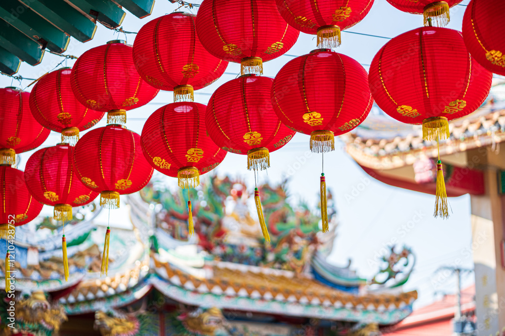 red lantern decoration for Chinese New Year Festival at Chinese shrine Ancient chinese art with the Chinese alphabet Blessings written on it Is a Fortune blessing compliment,Is a public place Thailand