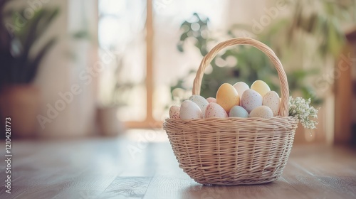 Easter basket with pastel eggs and bunny figurine, soft natural light, high detail, cheerful and vibrant, inviting and cozy atmosphere