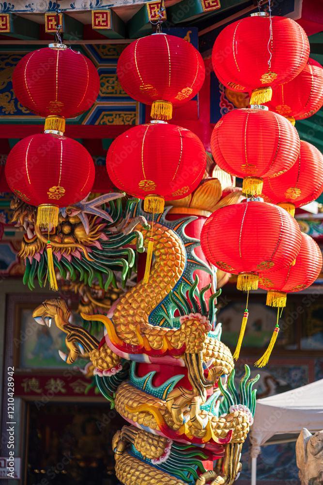 red lantern decoration for Chinese New Year Festival at Chinese shrine Ancient chinese art with the Chinese alphabet Blessings written on it Is a Fortune blessing compliment,Is a public place Thailand