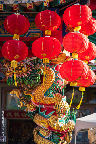 Obraz na płótnie red lantern decoration for Chinese New Year Festival at Chinese shrine Ancient chinese art with the Chinese alphabet Blessings written on it Is a Fortune blessing compliment,Is a public place Thailand w salonie