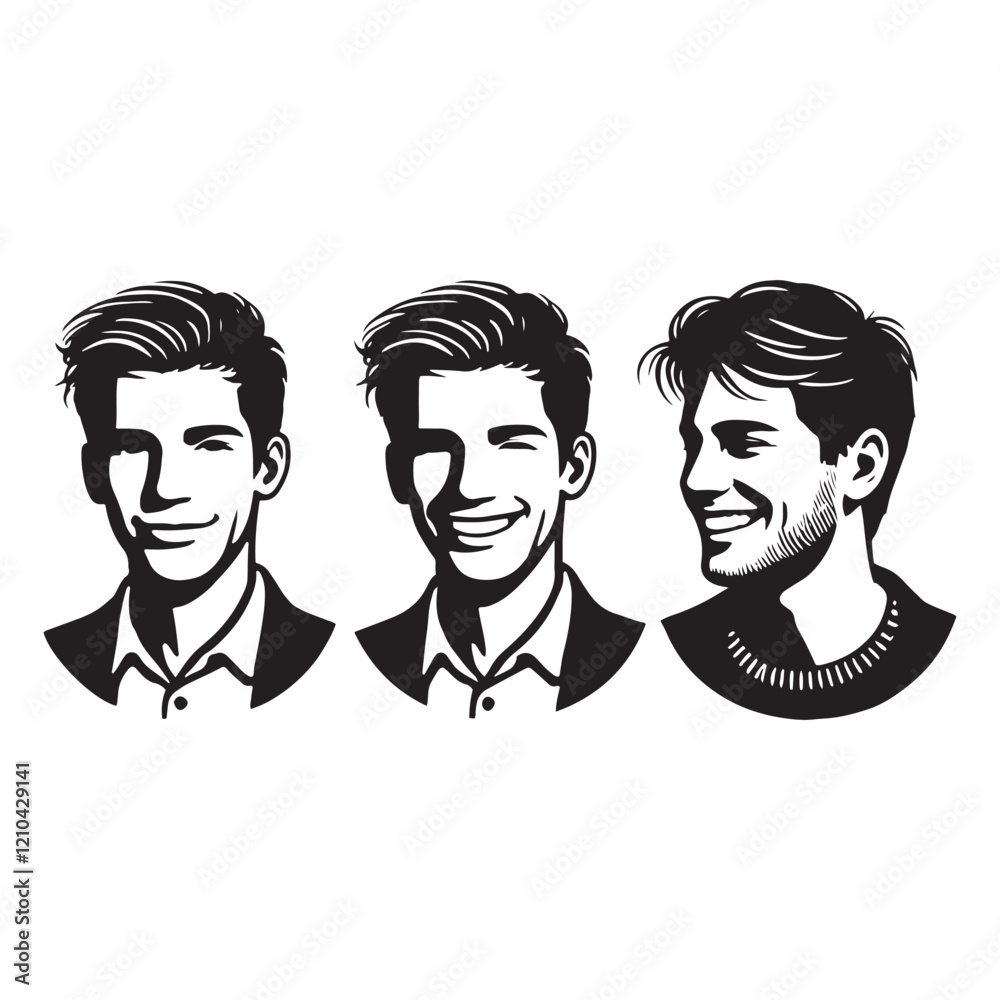 Artistic-themed set of smiling man silhouette digital art combining elegance and creativity - man smiling vector set - man smile illustrations set
Artistic-themed set of smiling man silhouette digital art combining elegance and creativity - man smiling vector set - man smile illustrations set