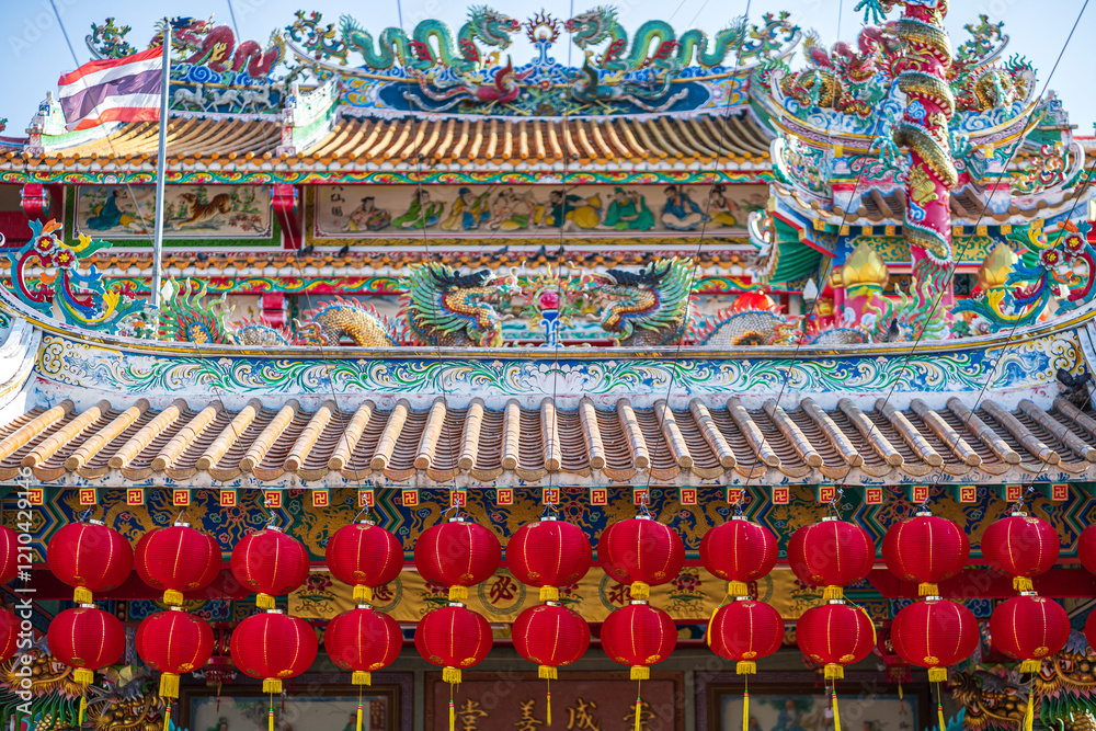 red lantern decoration for Chinese New Year Festival at Chinese shrine Ancient chinese art with the Chinese alphabet Blessings written on it Is a Fortune blessing compliment,Is a public place Thailand