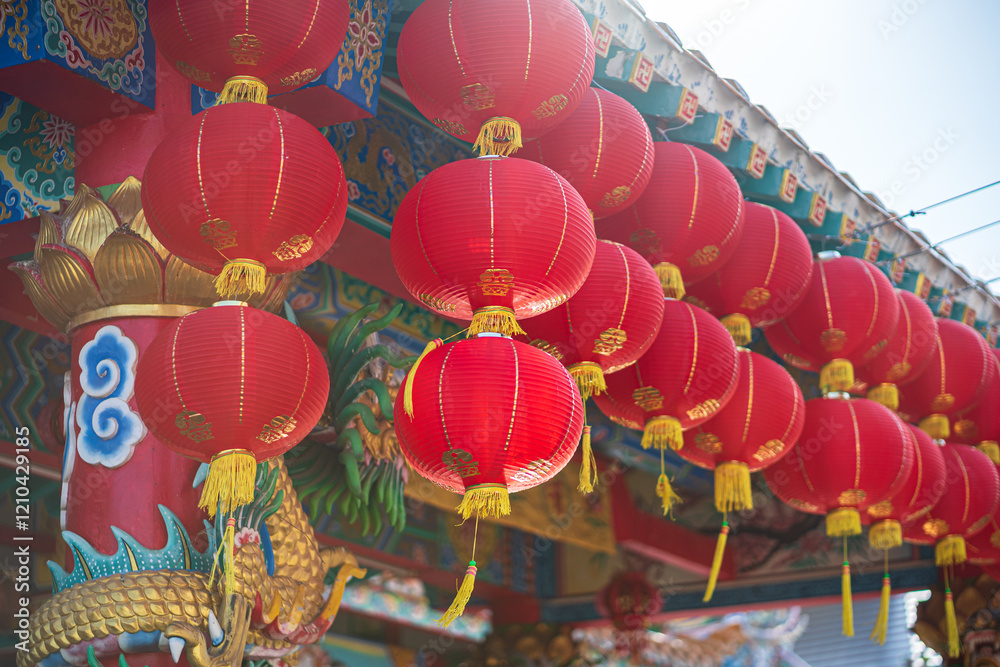 red lantern decoration for Chinese New Year Festival at Chinese shrine Ancient chinese art with the Chinese alphabet Blessings written on it Is a Fortune blessing compliment,Is a public place Thailand