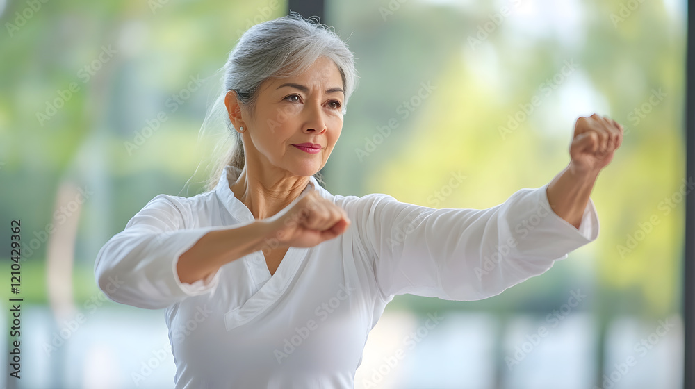 Senior woman practicing tai chi in peaceful natural environment for health : Generative AI Senior woman practicing tai chi in peaceful natural environment for health : Generative AI
