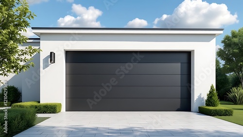 Modern black automatic garage door with sleek design and silver handle in front view, surrounded by clean white walls and a paved driveway.