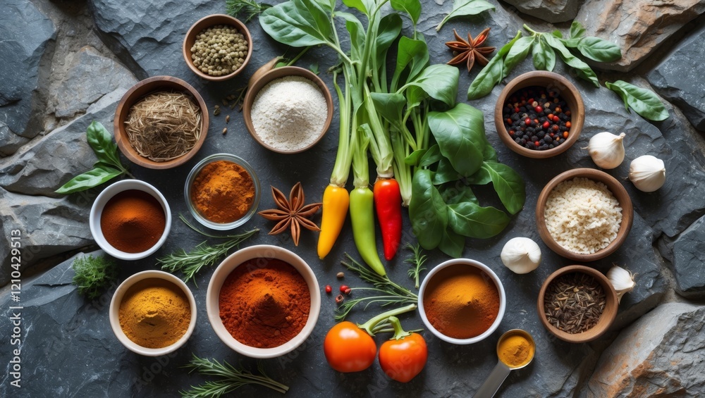Organic ingredients and spices on rustic stone background Organic ingredients and spices on rustic stone background
