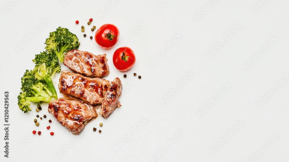 Grilled meat platter with broccoli and tomatoes studio setting culinary minimalist background detailed view Grilled meat platter with broccoli and tomatoes studio setting culinary minimalist background detailed view