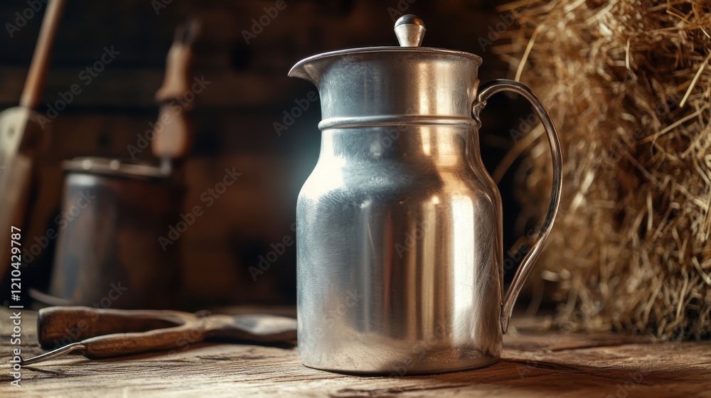 A close-up shot of a shiny metal milk can with freshly poured milk, set on a wooden surface, with hay and farm tools scattered in the background, reflecting a rural lifestyle. A close-up shot of a shiny metal milk can with freshly poured milk, set on a wooden surface, with hay and farm tools scattered in the background, reflecting a rural lifestyle.
