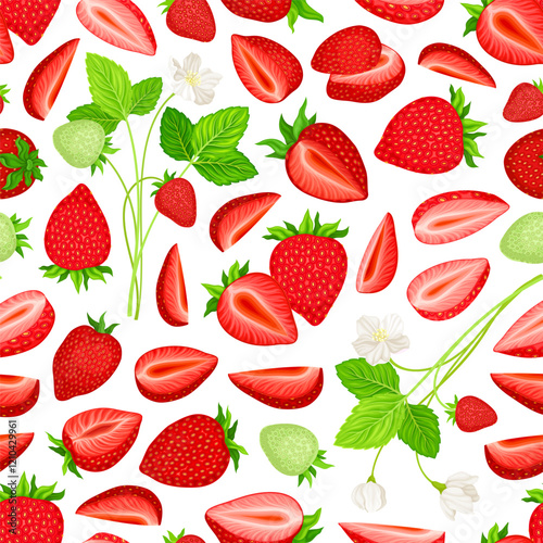 Sweet Strawberry Seamless Pattern Design with Ripe Bright Berry Vector Template