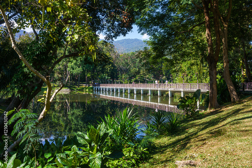 Obraz na płótnie Bridge Road pathway in the park for relaxing walking jogging landscape lake views in nature forest Mountain views spring blue sky background with white cloud. w salonie
