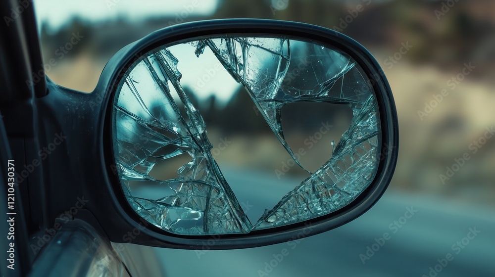 The broken side mirror, its glass cracked and fragmented, distorts the faint image of a roadside scene, telling a story of impact and motion.